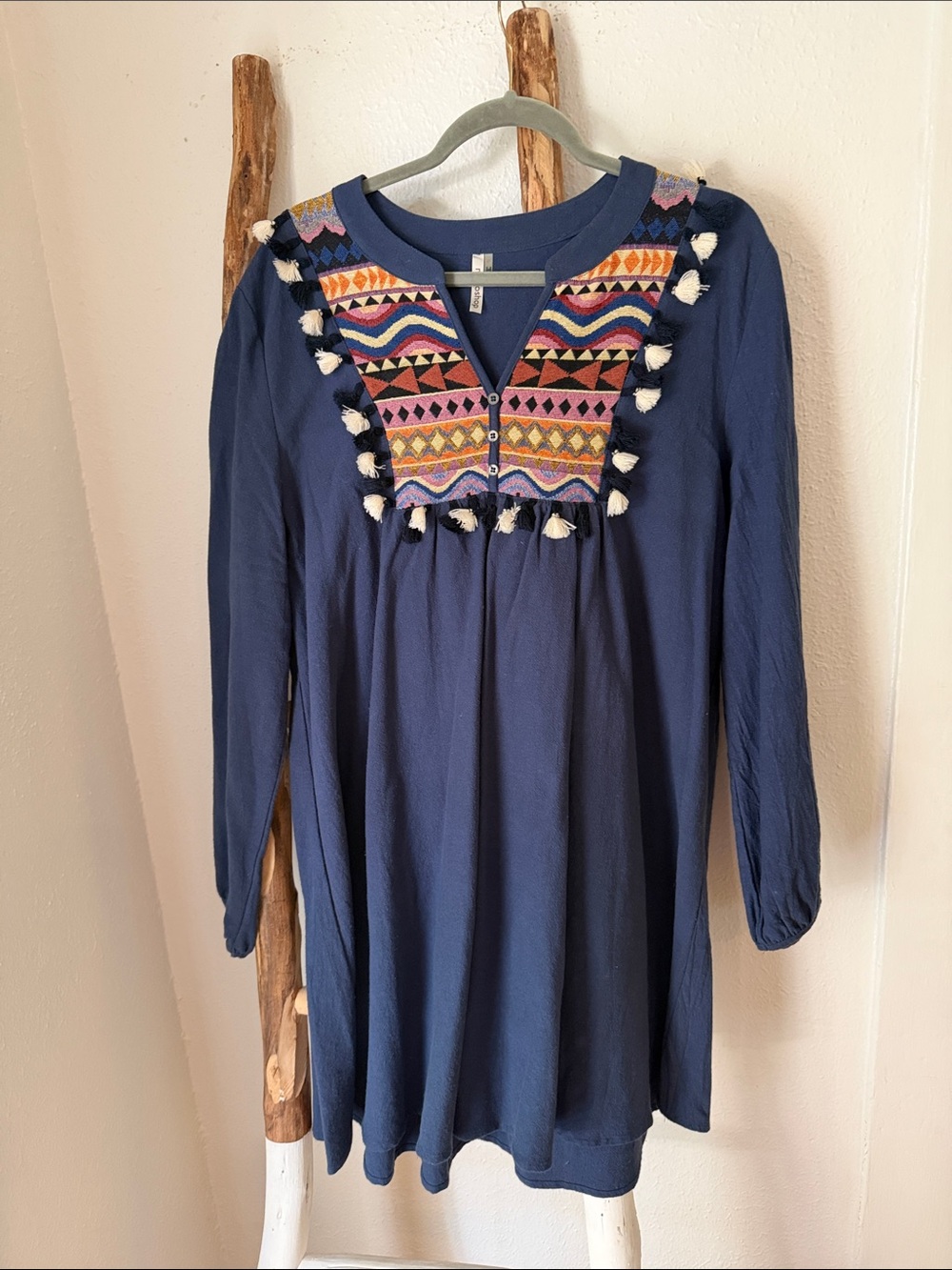 mittoshop Navy Blue Long Sleeve Woven Cotton Embroidered Yoke Tassels Dress M/L